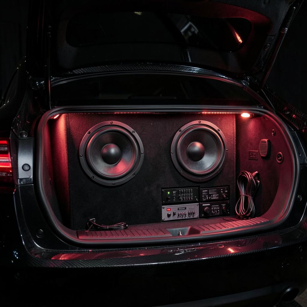 Premium installed sound system with subwoofers and red LED glow
